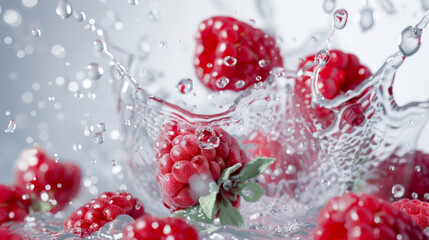 Wall Mural - Vibrant raspberries plunge into water, bursting with freshness and energy in a dynamic splash.