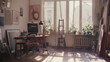 © VK Studio - A cozy, sunlit artist's studio filled with plants and creative energy, featuring a wooden desk, easel, and various artworks scattered around the room.