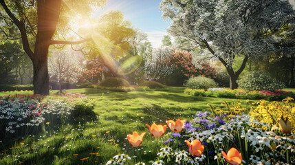 Canvas Print - Gentle sunlight streaming into a lush, colorful garden filled with various blooming flowers and greenery.