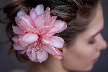 Wall Mural - Woman with pink flower in hair