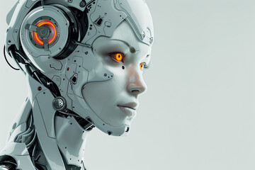 attractive female robot with white skin and glowing orange eyes