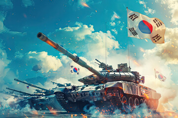 Sticker - Korean tanks which are weapons, tank with a 
 flag