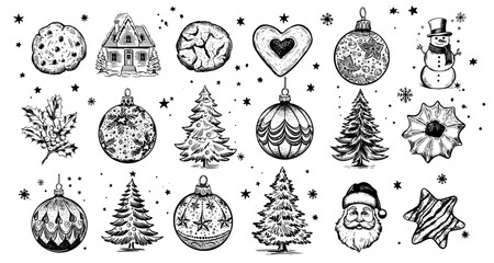 Wall Mural - Christmas Cookie and ball set, Hand drawn illustration	
