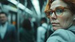 © Dulemegapixel - An image of a woman with red hair wearing glasses, looking pensive while standing in a subway train, capturing the reflective moments during urban commutes.