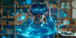 © Sergey - School student with VR headset using AI artificial intelligence technology and machine learning.  AI blue hologram in education