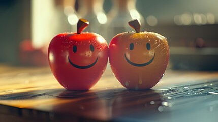 Wall Mural - Two couple apples with smiley faces on a desk