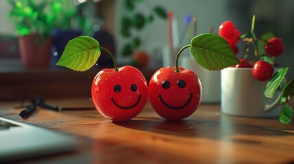 Wall Mural - Two couple apples with smiley faces on a desk