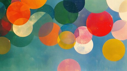 Sticker - An abstract photograph featuring a vibrant array of multicolored circles floating against a blurred