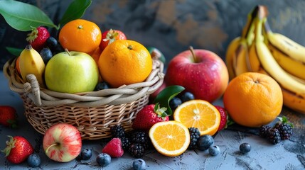 Wall Mural - A colorful assortment of fresh fruits including apples, oranges, bananas, and berries arranged in a woven basket on a rustic table.