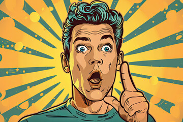 Wall Mural - 
Man with shocked facial expression. Surprised male showing by finger. Vector illustration in pop art in retro comic style