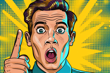 Wall Mural - 
Man with shocked facial expression. Surprised male showing by finger. Vector illustration in pop art in retro comic style