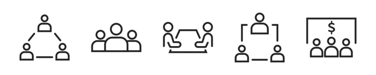 Wall Mural - Teamwork icon set. Set of 5 outline icons related to employment, teamwork, meeting, organization. Linear icon collection. Teamwork outline icons collection. Editable stroke. Vector illustration.