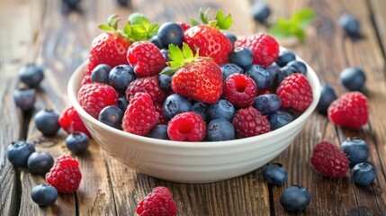 Sticker - A bowl of mixed berries (strawberries, blueberries, raspberries) on a wooden kitchen counter.