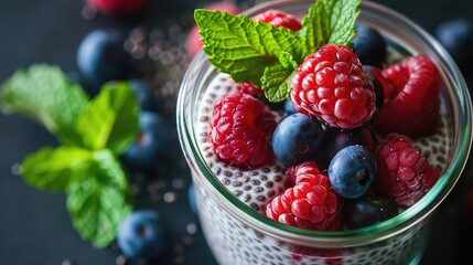 Wall Mural - A close-up of a chia pudding topped with fresh berries and mint leaves in a glass jar.