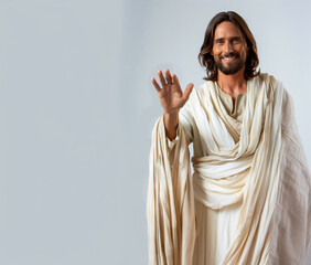 Wall Mural - Jesus Christ emotionally joyfully greets. Isolated on a gray background. For religious Christian publications and projects