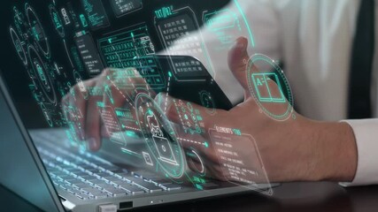 Wall Mural - handling a laptop paired with a holographic projection screen.