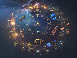 a digital illustration depicting the 12 zodiac signs arranged in a circle, each associated with a co