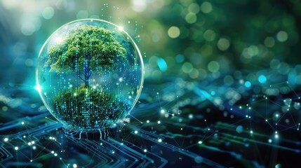 Crystal globe with a tree, digital convergence background with blue light, binary code, and network lines, representing green technology