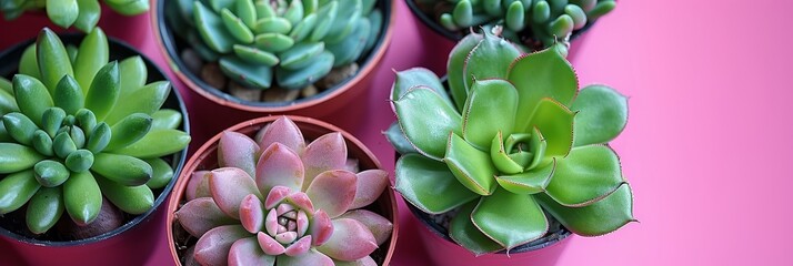 Wall Mural - Cactus and succulent plants on pink backdrop for lifestyle and flatlay themes with copy space