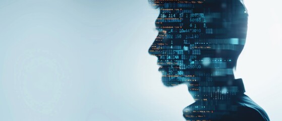 Double exposure of a businessman s profile overlaid with binary code, representing technology integration in business