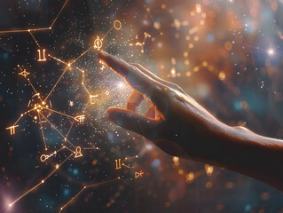 a hand hovers over a glowing astrological chart, highlighting the twelve zodiac signs and their corr