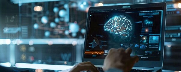 Wall Mural - Scientist examining a 3d brain scan simulation on a laptop, creating artificial intelligence in a modern laboratory