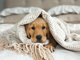 Canvas Print - puppy hiding underneath a blanket in the white bed