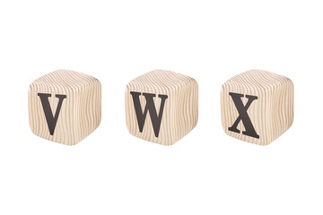 Wooden cubes Latin alphabet. Classic ABC decorations isolated. Part 16 v, w, x