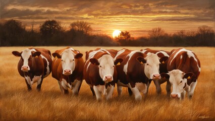 Wall Mural - A group of five cows are standing in a field at sunset, AI