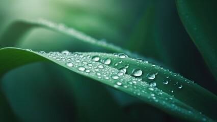 Poster - A close up of water droplets on a green leaf, AI