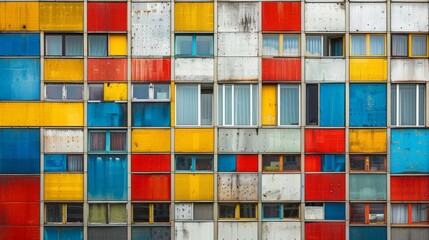 Wall Mural - An abstract architectural facade composed of an array of multicolored panels and windows The design is characterized by a grid pattern