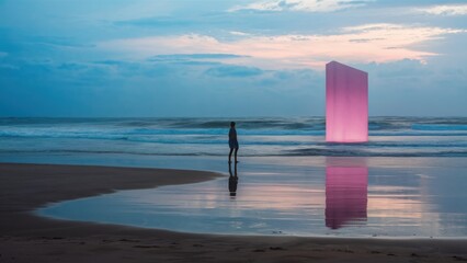 Wall Mural - A person standing on a beach looking at an object in the water, AI