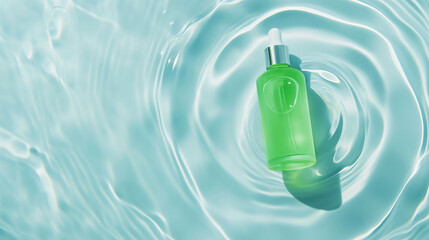 Wall Mural - Transparent light green glass cosmetic jar with facial serum, lies on the surface of blue water