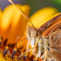 Butterfly Head from side view with Sunflower with blurred pollen particles in the foreground