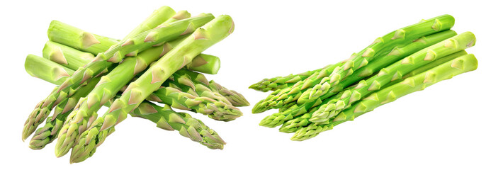 Two bundles of fresh, green asparagus spears are arranged against a white background, showcasing their vibrant color and delicate texture