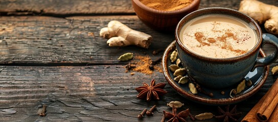 Sticker - Photo of a cup with chai latte on wooden table