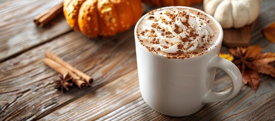 Poster - Photo of a cup with spiced pumpkin latte on wooden table