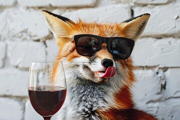 Wall Mural - Portrait of a Fox wearing sunglasses and holding a glass of red wine