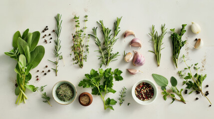 Top view arrangement of diverse herbs and spices on a plain surface, ideal for healthy, vitamin-rich cooking