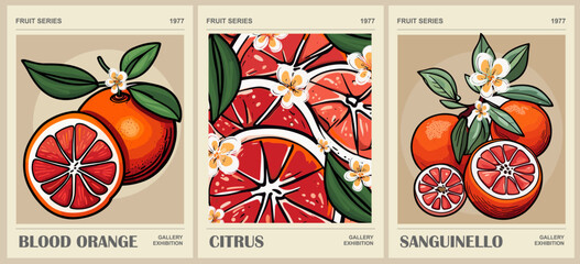 Wall Mural - Set of abstract Fruit Market retro posters. Trendy kitchen gallery wall art with Blood orange citrusi fruits. Modern naive groovy funky interior decorations, paintings. Vector art illustration.