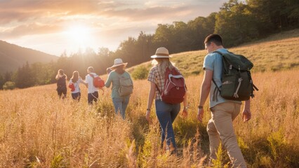 Wall Mural - A group of people walking through a field with backpacks, AI