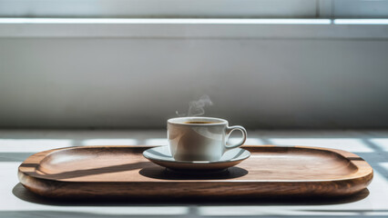 Sticker - A cup of coffee on a tray with steam coming out, AI