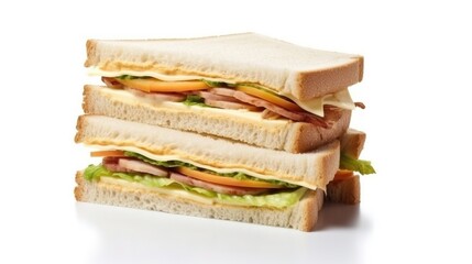 Wall Mural - Fresh sandwich with ham, cheese, tomatoes, fast food on white background, isolate. AI generated.