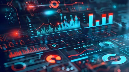 futuristic digital interface with data analysis and charts