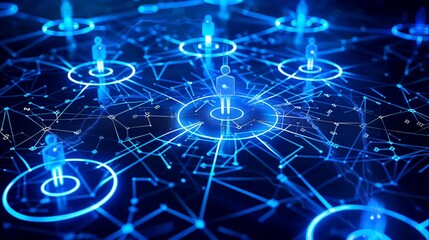 Wall Mural - Holographic network with connected human icons and blue neon lights. Seamless looping time-lapse 4k video animation background