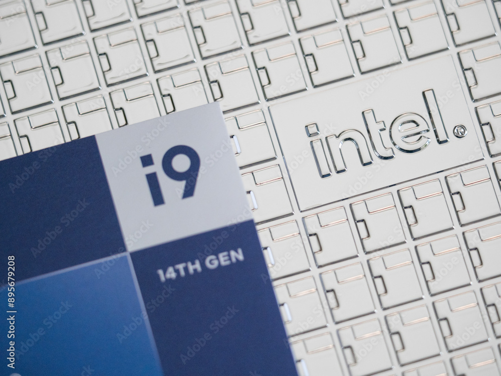 Intel logo on an Intel Core 14th gen i9-14900K processor case Stock ...