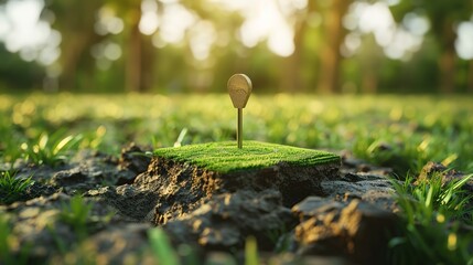 Poster - Pin icon for location on a plot of green land, an estate investment, or a parcel of land intended for construction. three-dimensional ground slice