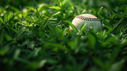 A baseball rests peacefully in the lush green grass 