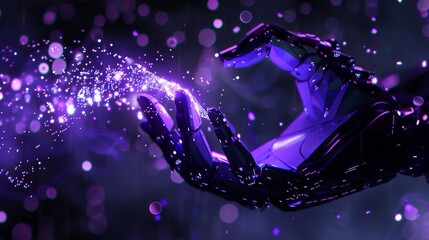 a female robotic hand is playing with purple-blue digital words, creating an ethereal atmosphere that suggests mystery and power, dark purple and blue color palette, dark background