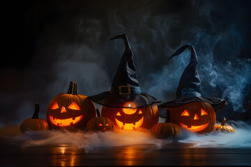 Wall Mural - Spooky orange pumpkins for Halloween stand in a row on a dark background. Jack O Lantern in a witch hat. Mystical fog creeps on the ground. Trick or treat.